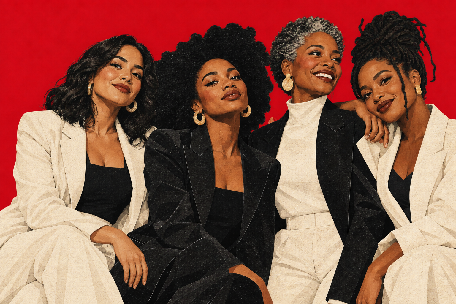Editorial illustration of four women, including Black and Latina professionals, standing together with confidence